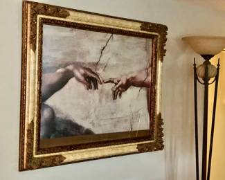 Gorgeous gold and cream thick, detailed frame holding under glass Michelangelo's "The Creation of Adam" print.  60"W x 48"H.  This is a stunner.