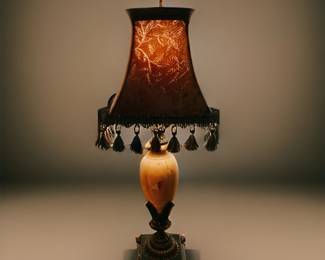 Set of two cream and brown marble lamps with square brown shades.  These match the bedroom set.  One on each nightstand.  Very heavy.  Looks nice with different shades on as well.  