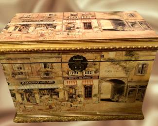 Unique chest with scenic print all over.  Perfect condition.  Measures 23.5"L x 13"W x 17"H.  Velvet lined inside for storage.