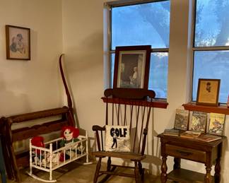 Vintage Rocker & Doll Cradle, Raggedy Ann Dolls