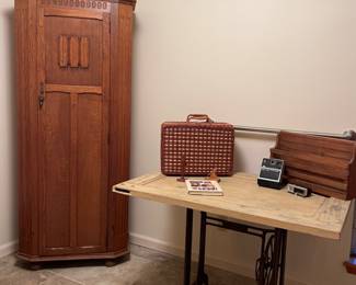 Vintage Corner Armoire/Gun Cabinet, Antique Singer Base With Door top-great decorator piece!