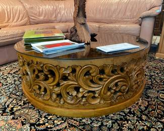 Deeply carved Indon teak coffee table