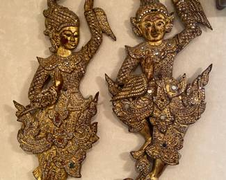 Pair of vintage relief gilded bejeweled Thai dancers wall decor