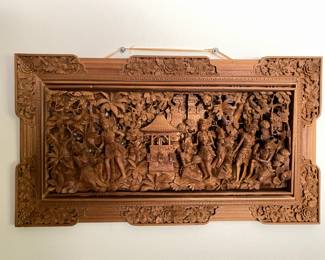 Indon elaborately carved teakwood panel