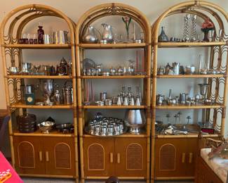 Vintage rattan shelves from Indonesia with Banka Tin and Selangor Pewter pieces.