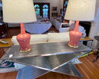 Pair of Lamps with Lovely Coral Colored Bases & Silver Console