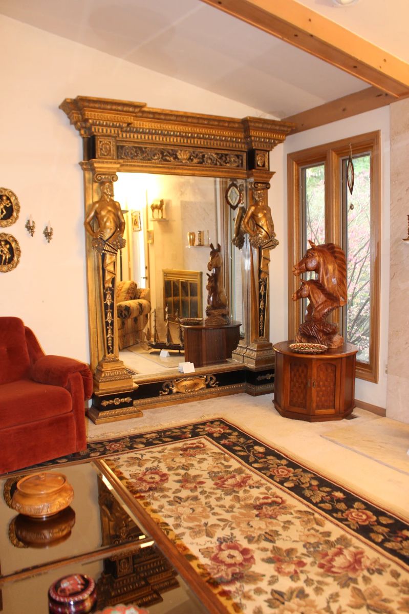 Monumental Renaissance Mirror with Gold Gilt with Pans, apx size 91H, 78W, 12 D, Nosce Te Ipsum - Know Yourself in Latin