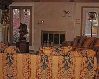 Overview of Living Room including Monumental Pan Gold Guilted Mirror with Pan