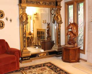 Monumental Renaissance Mirror with Gold Gilt with Pans, apx size 91H, 78W, 12 D, Nosce Te Ipsum - Know Yourself in Latin
