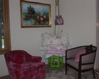 Hanging Lamp, Accent Chairs, Linens