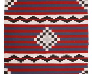 160
A Navajo Moki-Style Rug
Late 20th century, Diné
Woven in red, blue, black, and cream wool with multiple single bands and stepped zigzag banding and corners
46" H x 40" W
Estimate: $300 - $500