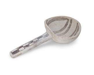 192
An Anasazi Pottery Ladle
Pre-1500 AD
Appears unmarked
The ladle with checkered motif to handle and other black on white decorations to bowl
8.5" L x 4.5" W
Estimate: $200 - $300