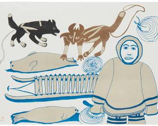 65
After Ulayu Pingwartok
"Asivaqti (Man Hunting)," 1977
Lithograph in colors on wove paper
Unsigned; titled in pencil near the upper left corner; two unidentified blindstamps lower right; Cape Dorset, Canada, pub.
Sight: 19" H x 25.5" W
Estimate: $500 - $700