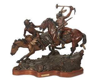 47
David Lemon
b. 1945
"Prairie Dispute"
Patinated and cold-painted bronze on a wood base
Edition: AP/24
Signed and numbered in the casting: Lemon ©; titled and attributed to front plaque
28" H x 19" W x 17" D
Estimate: $1,500 - $2,500