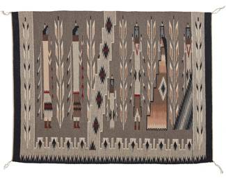 112
A Navajo Yei Pictorial Textile
Late 20th century, Diné
Woven in black, grey, cream, brown, tan and red wool in a fine tapestry weave, depicting six various Yei figures with stylized elaborate borders to three sides and a central stepped diagonal
32.75" H x 43" W
Estimate: $600 - $800