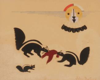 263
Julian Martinez
1897-1943
Skunks Fighting Over A Chicken
Watercolor and gouache on paper
Signed lower right in red: Julian Martinez
Sight: 7.5" H x 9.5" W
Estimate: $200 - $400