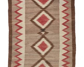 115
A Navajo Regional Rug
Early/mid-20th century, Diné
Woven in natural brown, dark brown, red and cream wool with a stacked column of diamonds and sawtooth border
65" H x 30" W
Estimate: $500 - $700