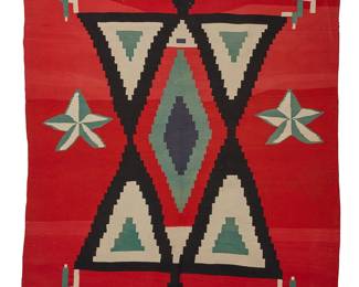 25
A Large Navajo Germantown Textile
Late 19th/early 20th century, Diné
Woven in red, cream, black, green, and purple wool with cactus designs in the corners, floating vallero star variations, and expanded central diamonds
88" H x 57.5" W approximately
Estimate: $5,000 - $7,000