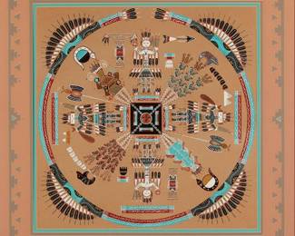 261
Chester Begay (B. 1964) And Albert Tosie (1935-2005)
"Home of the Bear and Snake"
Sandpainting on panel in a specially designed, cut, and colored mat
Inscribed in pencil on the verso with the artists' names and the work's title, presumably in the hand of one of the artists; titled again on labels affixed to the frame's backing paper
Sight: 17.375" H x 17.375" W
Estimate: $200 - $400