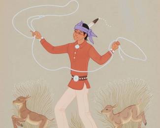 104
Harrison (Haskay Yahne Yah) Begay
1917-2012, Navajo/Dine
A Man With Two Lambs
Gouache on grey paper
Signed near the lower edge in English and Navajo: Harrison Begay / Haskay Yahne Yah
Sight: 14.5" H x 10.75" W
Estimate: $500 - $700