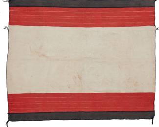 55
A Hopi Pueblo Manta Weaving
Early 20th century; Arizona
With a twill weave cream cotton center and integral banded borders woven in red and grey wool with dark blue corded edging
38.5" H x 46" W approximately
Estimate: $1,500 - $2,000