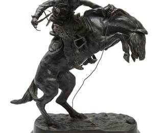 296
After Frederic Remington
1861-1909
"The Broncho Buster," Modeled 1895
Patinated bronze on a green marble base
Signed in the casting: Frederic Remington
Overall: 23" H x 9" W x 20" W
Estimate: $400 - $600