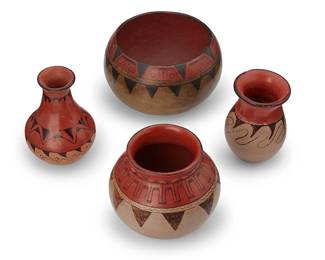 346
A Group Of Maricopa Pottery
4 works:

Barbara Johnson (1925-2004, Maricopa)
A red and buff pottery jar, mid-20th century
Signed to bottom: B.J
The three-color varnished jar with curved sawtooth and swirling motifs
5.25" H x 3.5" Dia.

Mary James (active 20th century)
A red and buff pottery bowl, early/mid-20th century
Signed to underside: Mary James
The three-color varnished bowl with banded sawtooth and denticulated motifs
5.25" H x 6" Dia.

Malinda Redbird (b. 20th century)
A polychrome vase-form jar, mid-20th century
Signed to underside: Malinda Redbird
The three-color jar with banded modified sawtooth motifs
5.875" H x 4" Dia.

A polychrome pottery bowl, early 20th century
Appears unmarked
The three-color low bowl with banded sawtooth motifs on buff ground
4.75" H x 7.5" Dia.

4 pieces
Estimate: $200 - $400