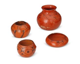329
Four Maricopa Pottery Vessels
Mid-20th century; Arizona
Each appears unmarked
The redware vessels comprising one jar with banded swirling motif, one bowl with dimpled waist, one bowl with dot motif, and one bowl with sawtooth motif to rim, 4 pieces
Largest: 5.75" H x 6" Dia.; smallest: 3" H x 4" Dia.
Estimate: $400 - $600