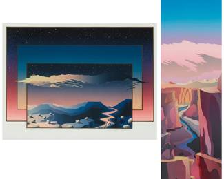 223
R. C. Gorman (1932-2005, Navajo/Dine)
Two works:

"Boulder Canyon"
Screenprint in colors on paper
Edition: 34/55
Signed, titled, and numbered in pencil along the lower edge of the image: R.C. Gorman
Image: 26.5" H x 8.375" W

"Santa Fe Dawn," 1992
Screenprint in colors on paper
Edition: 5/50
Signed, titled, dated, and numbered in pencil in the lower margin directly below the image: R.C. Gorman©
Image: 13" H x 19" W
Estimate: $400 - $600