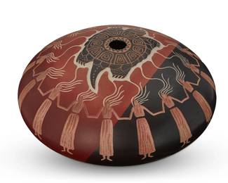 152
Steve T. Smith (B. 1948, Iroquois)
"Turtle Seed Pot," 1992
Signed and dated: Talking Earth / 5-460 / S.T.S / '92
The black, brown, and white glazed and painted seed pot depicting repeated women dancing hand-in-hand and a turtle
3.75" H x 8.325" Dia.
Estimate: $100 - $200