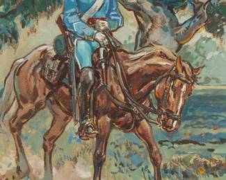 19
Joe DeYong
1894-1975
Soldier On Horse
Mixed media on paper laid to board
Signed lower left: Joe DeYong
Sight: 17.5" H x 12" W
Estimate: $1,500 - $2,500