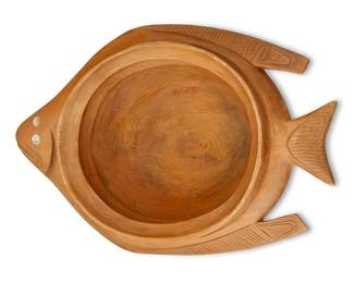 87
A Tlingit Halibut Grease Bowl
20th century; Pacific Northwest Coast
A carved wood deep oval dish, likely cedar, with a flat fish-form rim accented with abalone inlaid eyes
5.25" H x 15.75" W x 10.25" D
Estimate: $400 - $600