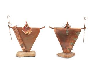 211
Sheri Meldrum
b. 20th century
"Wind Shaman" And "Rain Shaman"
Copper with mixed media set on plastic rotating base
Each titled and attributed to metal plaque applied to stone base
Each: 24.25" H x 24.5" W x 10" D approximately
Estimate: $700 - $900