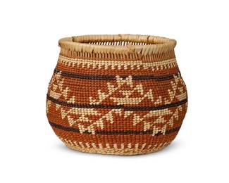 204
A Small Polychrome Hupa/Yurok/Karuk Basket
Early/mid-20th century; Northern California
A small twined basketry bowl with multiple imbricated banded motifs and open lattice at rim
3" H x 3.5" Dia.
Estimate: $300 - $500