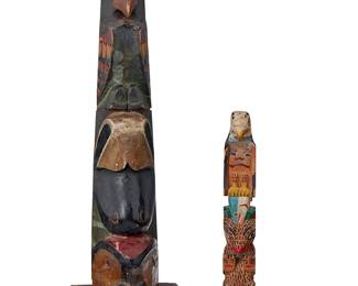 67
Two Northwest Coast Polychrome Model Totems
Early/mid-20th century; Pacific Northwest Coast
Comprising two carved and painted wood models, including a tall totem model with stylized animal figures including an eagle, killer whale, and possibly a beaver at the base, together with a smaller model totem with three animal figures including a bald eagle, salmon, and bear, 2 pieces
Larger: 11" H x 3.5" W x 2.5" D; smaller: 6.5" H x 1" W x 1.125" D
Estimate: $400 - $600