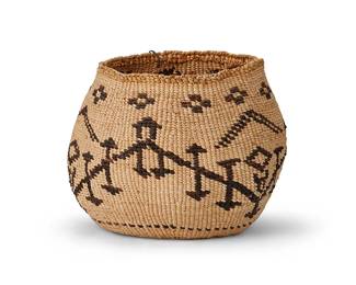 205
A Modoc Basket
Mid-20th century; Northeastern California/Southern Oregon
A twined globular basketry bowl with a central band of contrasting geometric motifs and floating motifs to rim
5.25" H x 6.75" Dia.
Estimate: $300 - $500