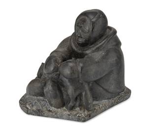 100
Syollie Weetaluktuk
1906-1962, Inuit; Port Harrison/Inukjuak
Carved Figure Skinning A Fox
Stone
Signed syllabically to underside and with artist's disc number: EF1745; further marked with sticker: canadian eskimo art
7" H x 6.125" W x 7.875" D
Estimate: $200 - $400