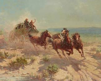 14
Olaf Wieghorst
1899-1988
Horses Pulling A Stagecoach
Oil on canvas
Signed lower left with the artist's device: O - Wieghorst; inscribed with a possible title on stretcher: Mail Going East and West
28" H x 38" W
Estimate: $12,000 - $16,000
