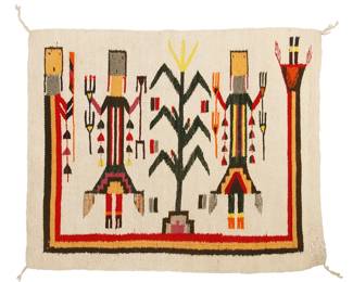 297
A Navajo Yei Textile
Mid-20th century, Diné
A small pictorial mat woven in cream, red, black, orange, yellow, pink, grey, and green wool with two dancers and cornstalk surrounded by a Rainbow Guardian
26" H x 32" W
Estimate: $200 - $300