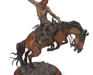 8
David Lemon
b. 1945
"Mak' Ns Of A Storm"
Patinated and cold-painted bronze on a rotating wood base
Edition: 6/30
Signed and numbered in the casting: Lemon © / AICA; Titled and attributed to front plaque
18.125" H x 9" W x 13.75" D
Estimate: $1,200 - $1,800