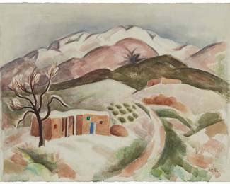 156
Anna Katharine Skeele
1896-1963
"Winter-New Mexico"
Watercolor on paper, watermark Arches
Initialed lower right: AKS; titled and inscribed in ink on the frame's cardboard backing: 314 So. Mentor Ave. -Pasadena-
Image/Sheet: 22" H x 28.25" W
Estimate: $1,500 - $2,000