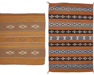 252
Two Navajo Regional Rugs
Mid/late 20th century, Diné
Comprising two Chinle rugs, the smaller woven in ochre, tan, grey and cream wool with alternating striped and diamond banding (41.5" H x 36" W), and the larger with multiple diamond banding woven in dark ochre, brown, grey and cream wool (56.5" H x 37" W), 2 pieces
Estimate: $300 - $500