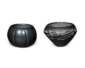 239
Two Santa Clara Pueblo Blackware Pottery Bowls
Two works:

Teresa Gutierrez (b. 1933, Santa Clara)
A Santa Clara Pueblo blackware bowl, mid-20th century
Incised to underside: Teresa V. Gutierrez / Santa Clara Pueblo
A small carved bowl with deep carved geometric motifs
3" H x 4" Dia.

Maria Naranjo (b. 1919, Santa Clara Pueblo)
A Santa Clara Pueblo blackware bowl, mid-20th century
Incised to underside: Maria I. Naranjo / Sta. Clara Pue
A small melon form bowl with carved ribs
2.5" H x 3.25" Dia.

2 pieces
Estimate: $200 - $400