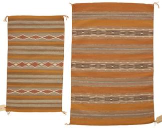 251
Two Navajo Wide Ruins Textiles
Mid/late 20th century, Diné
Comprising a large Wide Ruins textile woven by Mary Jane Barker (b. 20th century, Diné) in ochre, shades of grey, and cream wool with alternating geometric and striped banding (48" H x 35" W), as well as a smaller Wide Ruins textile woven by Mary C. Nez (b. 20th century, Diné) in ochre, tan, grey and cream wool with alternating striped and sawtooth diamond bands (37.25" H x 23" W), 2 pieces
Estimate: $300 - $500