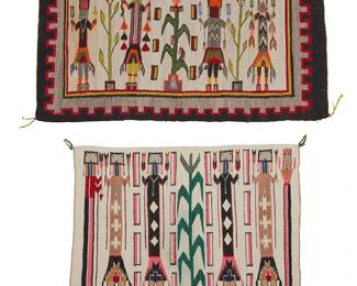 298
Two Navajo Yei Pictorial Rugs
Mid/late 20th century, Diné
Comprising a Yei textile woven in grey, red, black, orange, green, and other multicolored wool with four Yei figures alternating with corn and squash motifs with aa stepped border (32.5" H x 53 " W), and a smaller Yei textile woven in cream, green, pink and other multicolored wool with four Yei figures around a central corn stalk and surrounded by a Rainbow Guardian (34" H x 41" W), 2 pieces
Estimate: $500 - $700