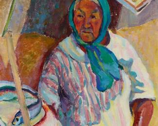 221
Marjorie Lee Eaton
1901-1986
Woman With Headscarf And Fish
Oil on canvas
Signed verso: M Eaton
26" H x 22" W
Estimate: $2,000 - $4,000