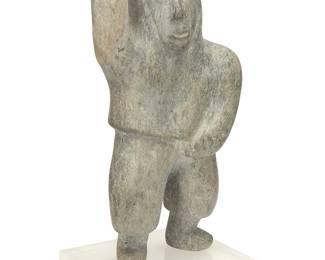 102
An Inuit Carved Stone Figure
20th century
Appears unmarked
The carved stone standing figure with raised arm holding a metal knife and mounted on an acrylic base
9.75" H x 5.25" W x 3.875" D
Estimate: $200 - $400