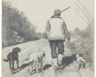 292
Elbridge Ayer Burbank
1858-1949
Hunter With Three Dogs
Graphite on paper
Signed and inscribed in pencil in the lower edge: E.A. Burbank / Pet / Pat / Patsy / After Print
Sheet: 11" H x 10.75" W
Estimate: $500 - $700