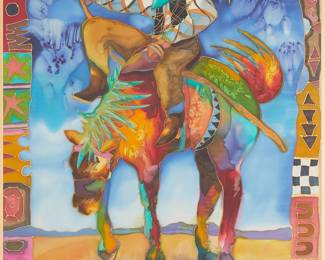 218
Nancy Cawdrey
b.1948
A Cowboy On Horseback
Mixed media on silk over mat board
Signed lower right: N. Cawdrey
33" H x 23" W
Estimate: $1,500 - $2,500