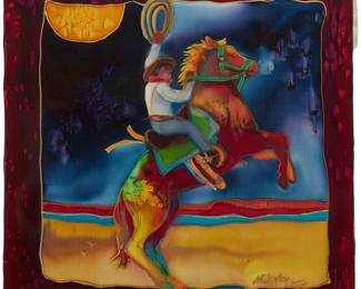 17
Nancy Cawdrey
b.1948
"Arno Rink Rides Jasper," 2002
Mixed media on silk over mat board
Signed and dated lower right: N. Cawdrey; signed again and titled in pen on the frame's backing paper
12" H x 12" W
Estimate: $700 - $900